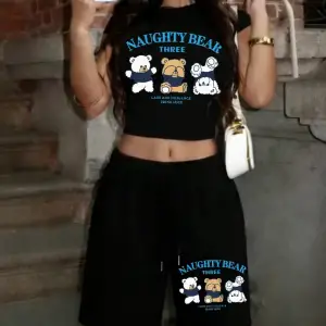 Yaramaz Ayı Üç Baskılı Babby TeeT-Shirt Pantolon Yaz İki Parçalı Set Üstleri Şort Sportif Büyük B