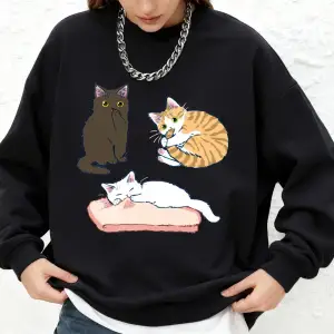 Yaramaz Üç Renkli Yavru Kedi Baskı Kazak Kadın Rahat O-Boyun Gevşek Hoodie Sıcak Uzun Kollu Ü