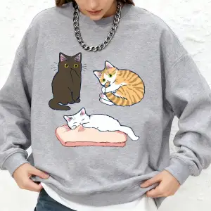 Yaramaz Üç Renkli Yavru Kedi Baskı Kazak Kadın Rahat O-Boyun Gevşek Hoodie Sıcak Uzun Kollu Ü