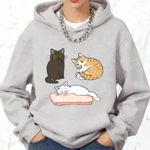 Yaramaz Üç Renkli Yavru Kedi Baskılı Pamuklu Kapüşonlu Kadın Sporcu Bol Kazak Kışlık Sıcak Sw