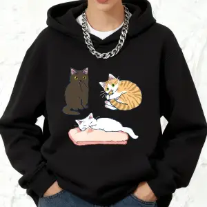 Yaramaz Üç Renkli Yavru Kedi Baskılı Pamuklu Kapüşonlu Kadın Sporcu Bol Kazak Kışlık Sıcak Sw