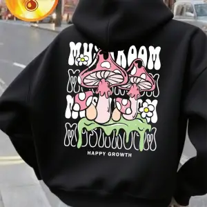 Yaratıcı Mantar Mektup Baskılar Hoodie Kadın Kış Polar Sıcak Kazak Temelleri Cep Kazak Rahat