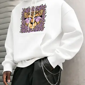 Yaratıcı Mor Leopar Baskılı Kapüşonlular Erkekler Rahat Genç Giysiler Gevşek Sonbahar Sokak Ş