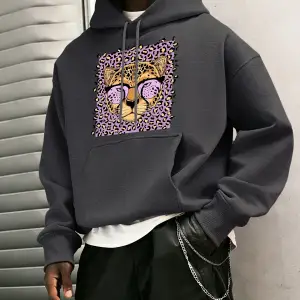 Yaratıcı Mor Leopar Baskılı Kapüşonlular Erkekler Rahat Genç Giysiler Gevşek Sonbahar Sokak Ş