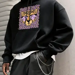 Yaratıcı Mor Leopar Baskılı Kapüşonlular Erkekler Rahat Genç Giysiler Gevşek Sonbahar Sokak Ş