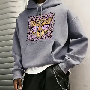 Yaratıcı Mor Leopar Baskılı Kapüşonlular Erkekler Rahat Genç Giysiler Gevşek Sonbahar Sokak Ş