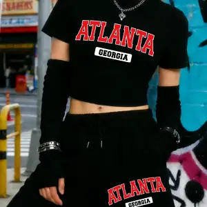 Yaz Atlanta Georgia Mektup Baskılı Babby TeeT-Shirt Şort Kadın İki Parçalı Set Beş Nokta Pantolon