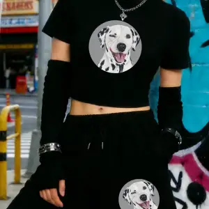 Yaz Dalmaçyalı Köpek Baskılı Babby TeeT-Shirt Şort Kadın Seksi İki Parçalı Set Diz Boyu Pantolon