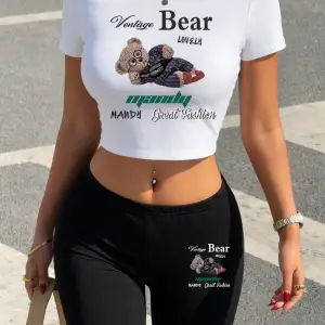 Yaz Güzel Ayı Karikatür Baskılar Kırpma T-Shirt Şort Kadın İki Parçalı Set Üstleri Pantolon Y