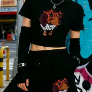 Yaz Komik Dachshund Köpek Baskılar Kırpma T-Shirt Şort Kadın İki Adet Set Diz Boyu Pantolon Y