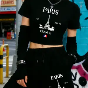 Yaz Paris Fransa Eyfel Kulesi Baskılar Kırpma Üstleri Şort Kadın İki Parçalı Set Beş Nokta Pa