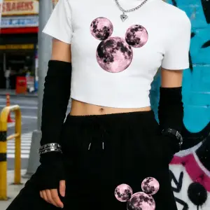 Yaz Pembe Gezegen Baskılı Babby TeeT-Shirt Şort Kadın Seksi İki Parçalı Set Diz Boyu Pantolon İnc