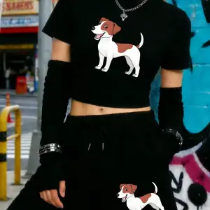 Yaz Russell Terrier Köpek Baskılı Babby TeeT-Shirt Şort Kadın İki Parçalı Set Diz Boyu Pantolon İ