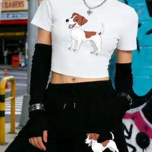 Yaz Russell Terrier Köpek Baskılı Babby TeeT-Shirt Şort Kadın İki Parçalı Set Diz Boyu Pantolon İ
