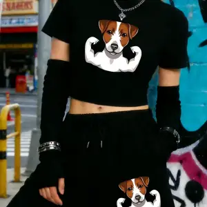 Yaz Russell Terrier Köpek Baskılı Kırpma Üstleri Şort Kadın İki Parçalı Set Beş Nokta Pantolo