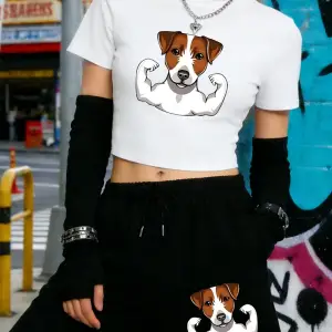 Yaz Russell Terrier Köpek Baskılı Kırpma Üstleri Şort Kadın İki Parçalı Set Beş Nokta Pantolo