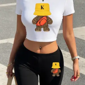 Yaz Spor Yünlü Ayı Baskılar Kırpma T-Shirt Şort Kadın Seksi İki Parçalı Set Üstleri Pantolon