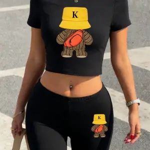 Yaz Spor Yünlü Ayı Baskılar Kırpma T-Shirt Şort Kadın Seksi İki Parçalı Set Üstleri Pantolon
