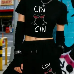 Yazlık Cin Cin Cheers Baskılı Babby TeeT-Shirt Şort Kadın Seksi İki Parçalı Set Diz Boyu Pantolon