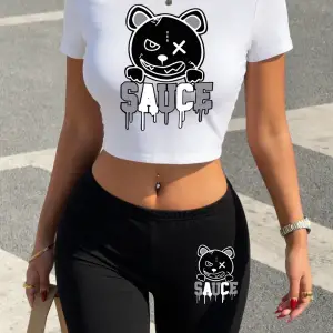 Yazlık Eriyen Karikatür Ayı Baskılı Babby TeeTişört Şort Kadın İki Parçalı Takım Üst Pantolon Dar