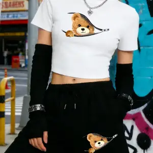 Yazlık Fermuarlı Ayı Desenli Baskılı Babby Teelar Şortlar Kadın İki Parçalı Set Beş Noktalı Pa