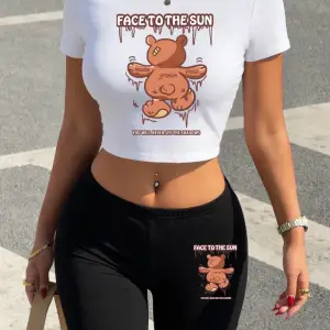 Yazlık Güneş Ayı Baskılı Babby TeeTişört Şort Kadın Seksi İki Parçalı Takım Üst Pantolon Yumuşak