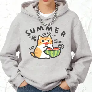 Yazlık Kavun Baskılı Pamuklu Kapüşonlu Kadın Eşofman Cepli Sweatshirt Sportif Bol Kazak Kışlı