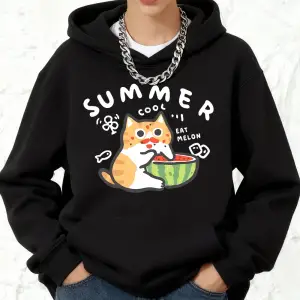 Yazlık Kavun Baskılı Pamuklu Kapüşonlu Kadın Eşofman Cepli Sweatshirt Sportif Bol Kazak Kışlı