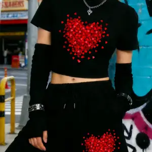 Yazlık Kırmızı Kalp Grafik Baskılı Babby TeeT-Shirt Şort Kadın İki Parçalı Set Diz Boyu Pantolon