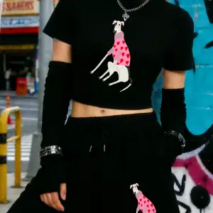 Yazlık Komik Dachshund Köpek Baskılı Babby TeeTişört Şort Kadın Seksi İki Parçalı Set Diz Boyu Pa