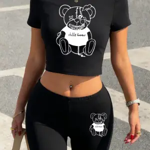 Yazlık Pembe Oyuncak Ayı Baskılı Babby TeeTişört ve Şort Kadın Seksi İki Parçalı Takım Üst Pantol