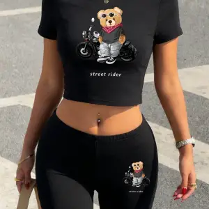 Yazlık Serin Sokak Sürücüsü Ayı Baskılı Babby TeeTişört Şort Kadın İki Parçalı Set Üstler Pantolo