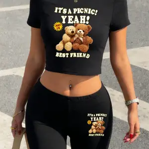 Yazlık Sevimli Ayı Karikatür Baskılı Babby Teelar Şortlar Kadın Seksi İki Parçalı Set Tişört P