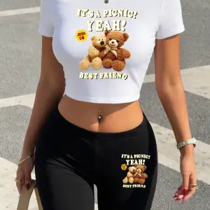 Yazlık Sevimli Ayı Karikatür Baskılı Babby Teelar Şortlar Kadın Seksi İki Parçalı Set Tişört P