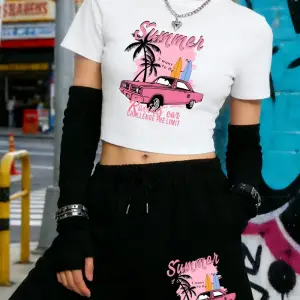 Yazlık Yarış Arabası Baskılı Babby TeeTişört Şort Kadın Seksi Tatlı İki Parçalı Set Diz Boyu Pant