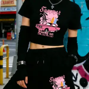 Yazlık Yarış Arabası Baskılı Babby TeeTişört Şort Kadın Seksi Tatlı İki Parçalı Set Diz Boyu Pant