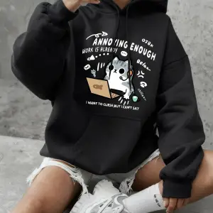 Yeterince sinir bozucu kedi baskılar kapüşonlular kadınlar rahat gevşek tişörtü kış polar sıc