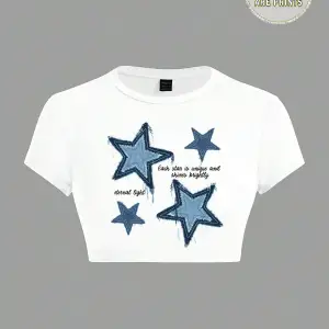 Yıldız Grafikli Yuvarlak Yaka Kısa Kollu Crop