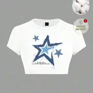 Yıldız Grafikli Yuvarlak Yaka Kısa Kollu Crop