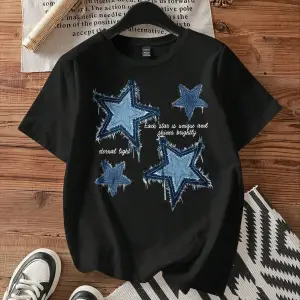 Yıldız Grafikli Yuvarlak Yaka Kısa Kollu Tişört