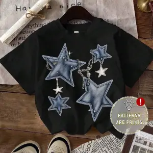 Yıldız Grafikli Yuvarlak Yaka Kısa Kollu Tişört