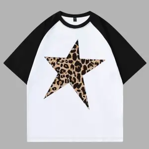 YILDIZ LEOPAR BASKILI ÇİFT RENK T SHIRT