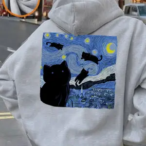 Yıldızlı Kedi Gece Baskı Kapüşonlular Kadın Rahat Yumuşak Kazak Sokak Gevşek Kazak Kış Polar