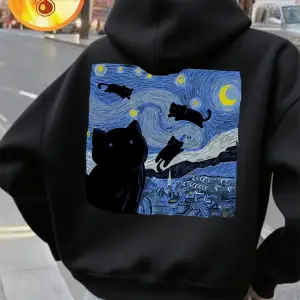 Yıldızlı Kedi Gece Baskı Kapüşonlular Kadın Rahat Yumuşak Kazak Sokak Gevşek Kazak Kış Polar