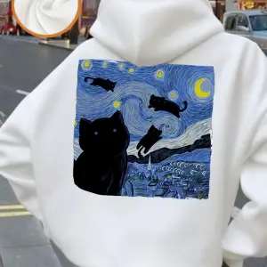 Yıldızlı Kedi Gece Baskı Kapüşonlular Kadın Rahat Yumuşak Kazak Sokak Gevşek Kazak Kış Polar