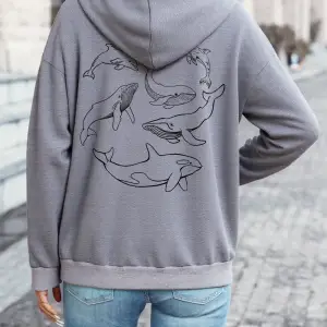 Yunus Kamburluk Balinası Orka Baskılı Kapüşonlu Üstler Kadın Temel Bol Sweatshirtler Kışlık P