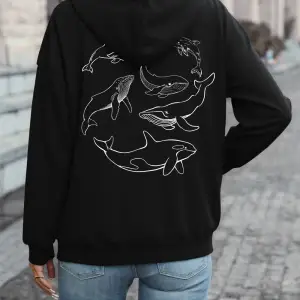 Yunus Kamburluk Balinası Orka Baskılı Kapüşonlu Üstler Kadın Temel Bol Sweatshirtler Kışlık P