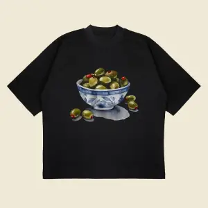 Zeytin Vintage Baskılı Oversize Unisex Pamuklu Nefes Alan Kalın Kumaşlı