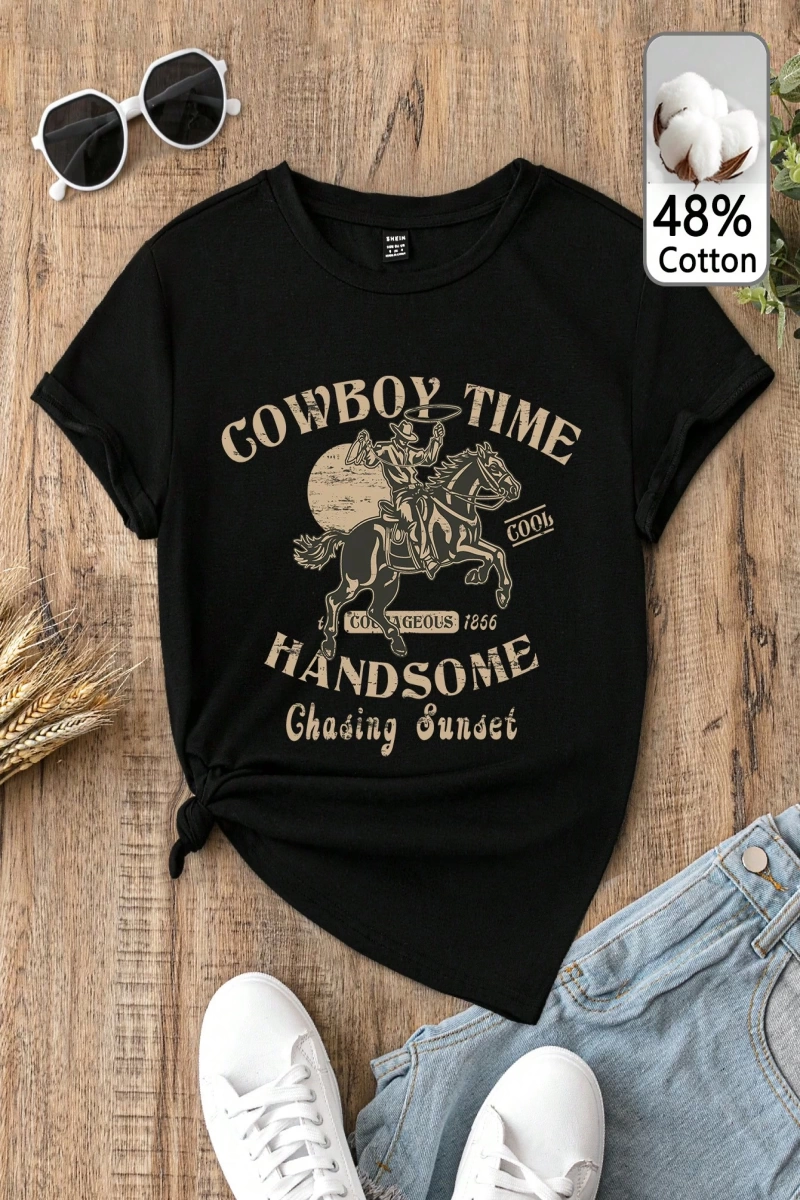 %50 Pamuk Kovboy Zamanı Rahat Retro Batı Tarzı Kadın Tişörtü