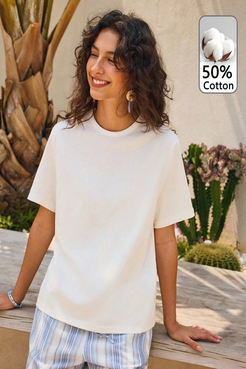 %50 Pamuk Rahat Minimalist Kelebek ve Çiçek Baskılı Tişört Kadınlar İçin, Doğal